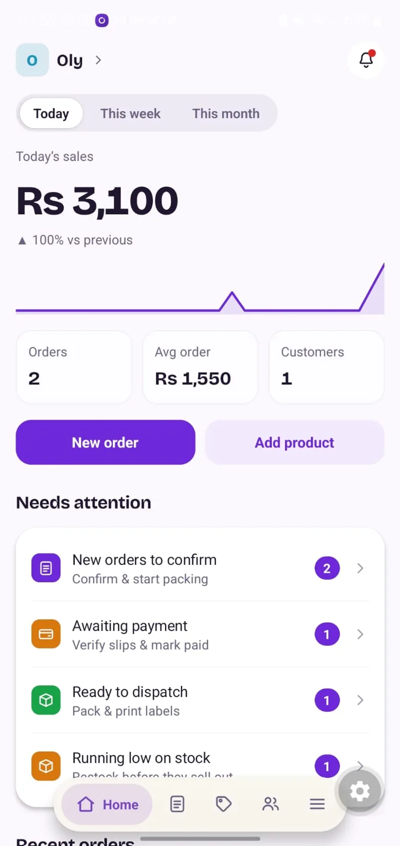 The olyone dashboard on a phone