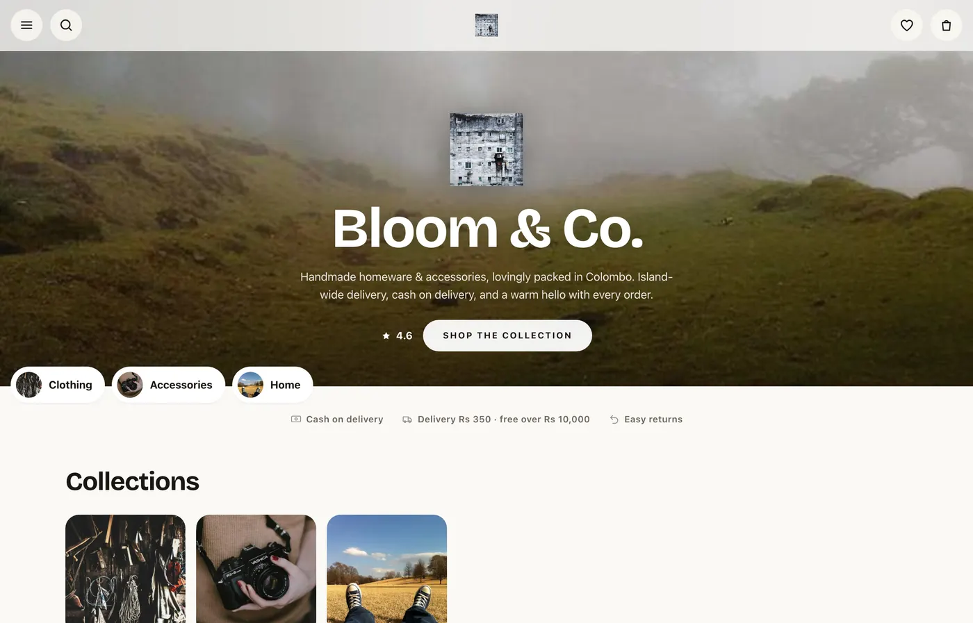 Bloom & Co., a demo shop built on olyone: a full-width banner, collections and cash on delivery