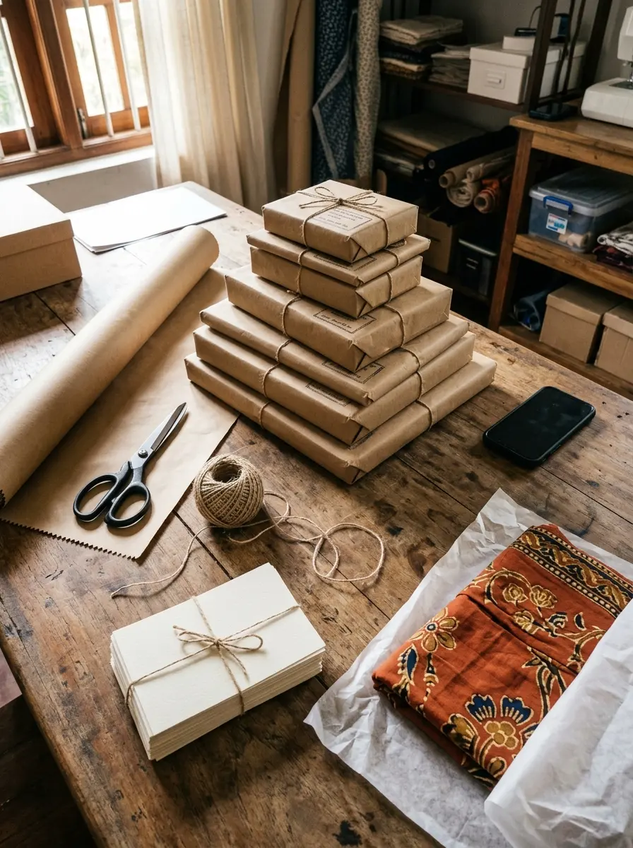 Parcels tied with twine, stacked on a packing table