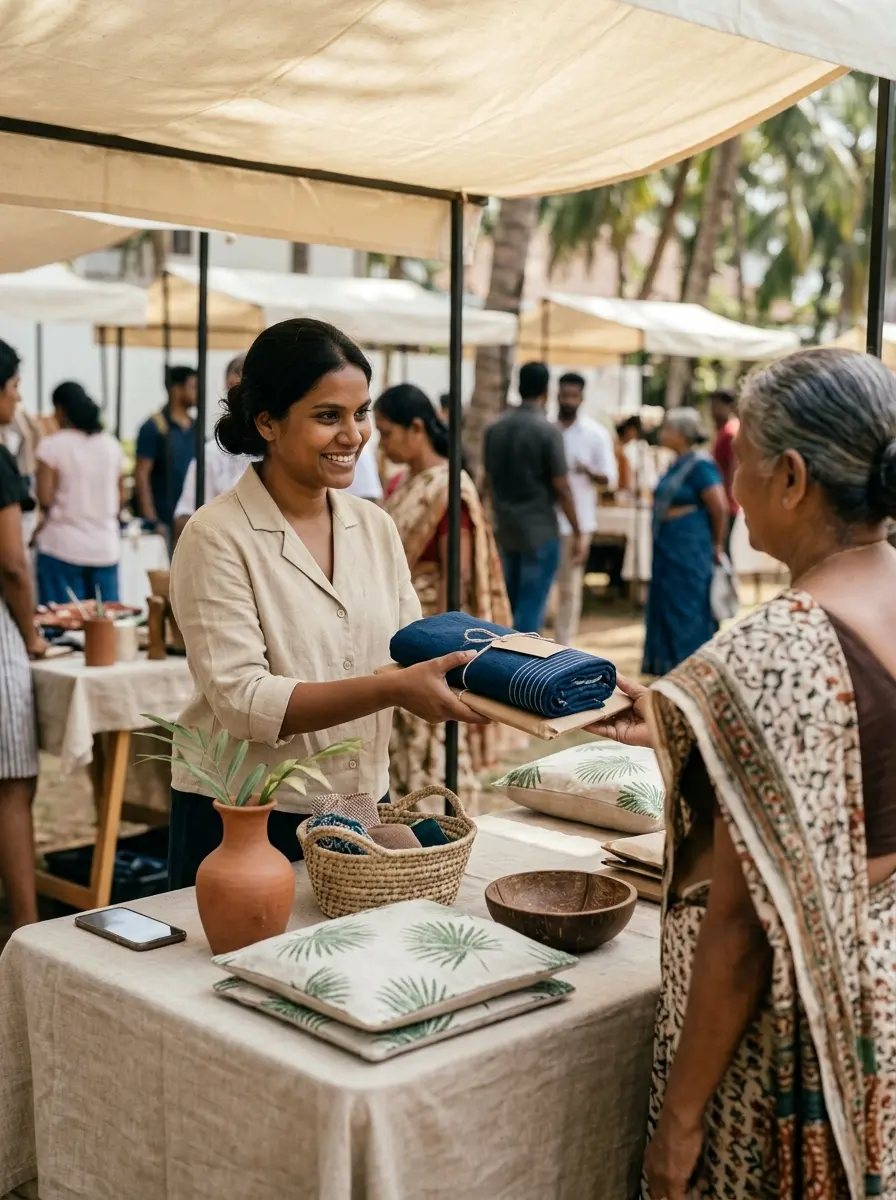 A seller hands a wrapped sarong to a customer at a market stall