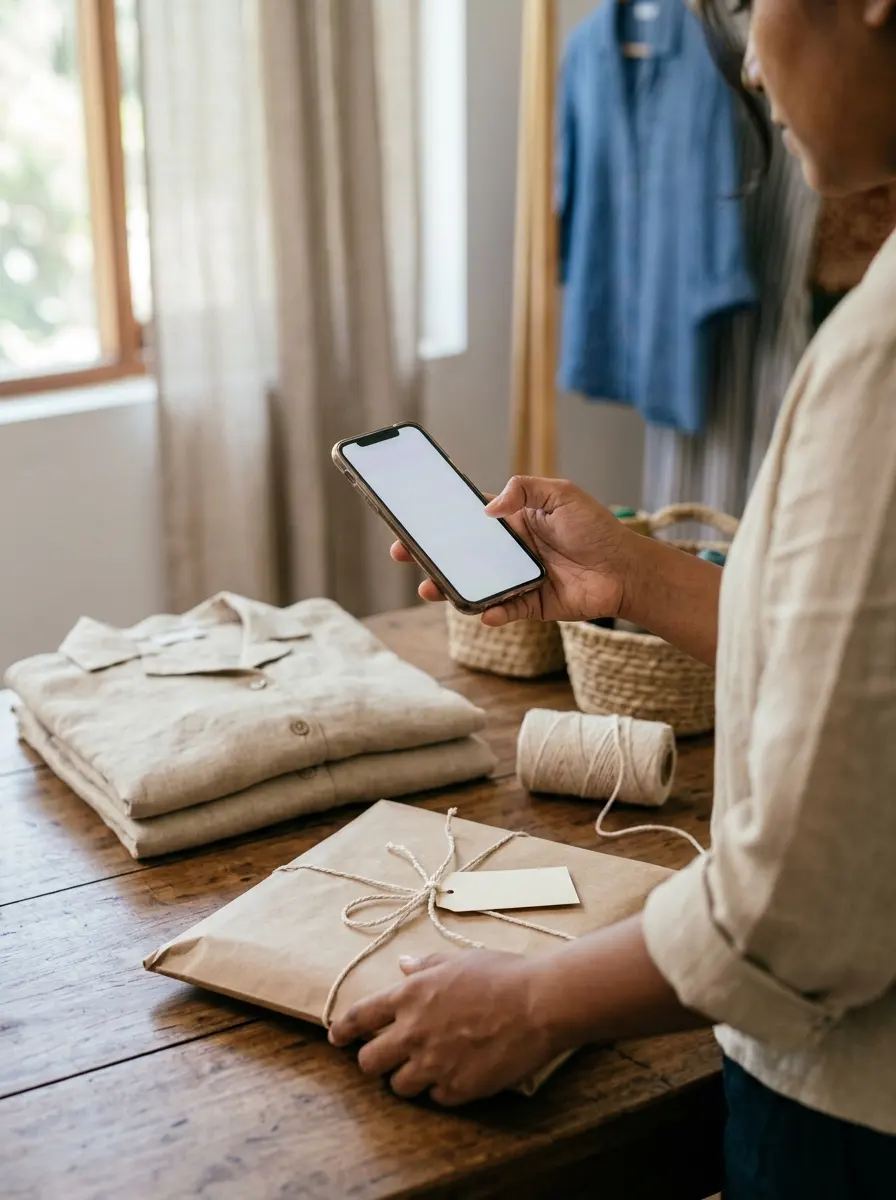 A seller checks an order on her phone before tying up the parcel